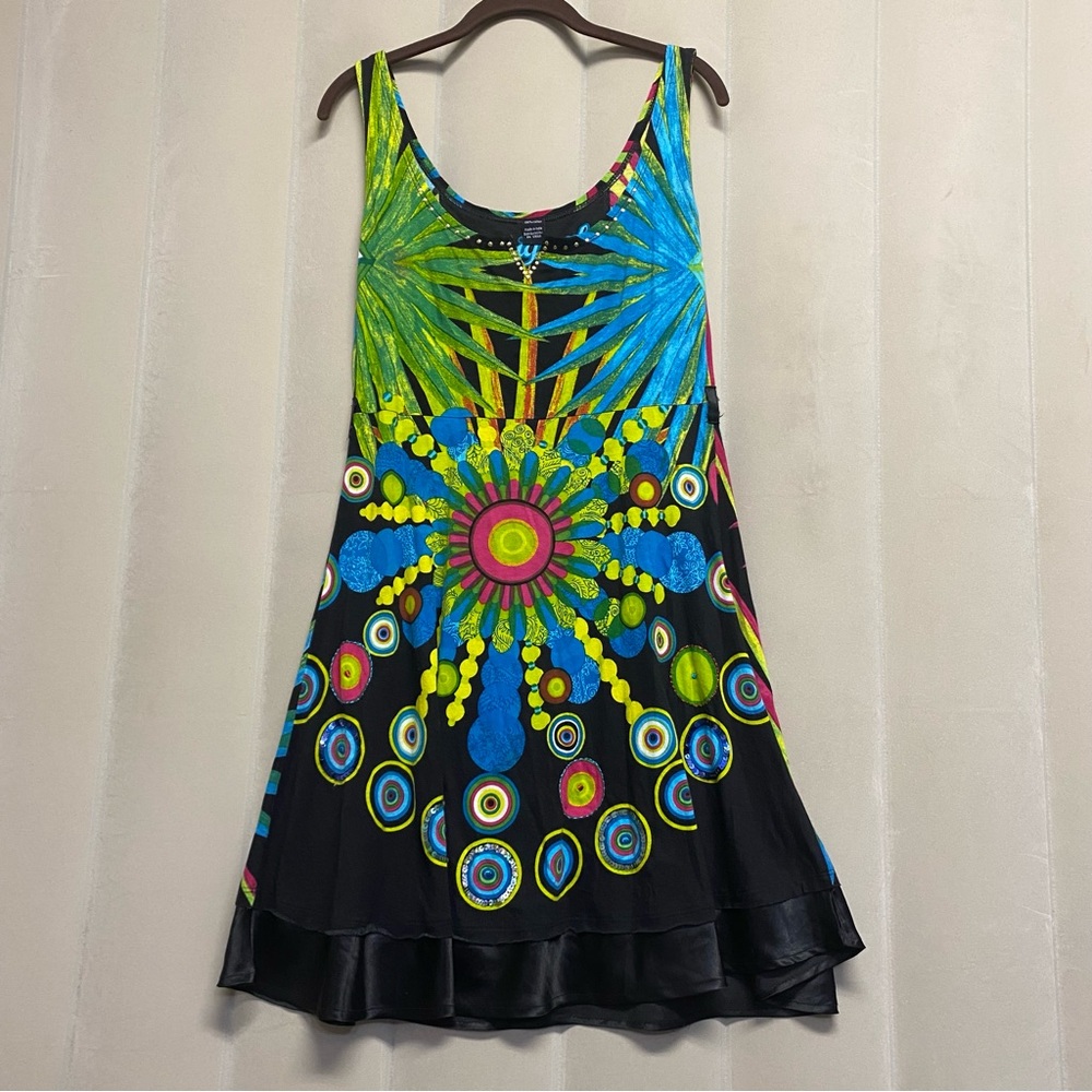 Desigual Women’s Dress Small Studded Neck Sequins Colorful Feminine Starburst